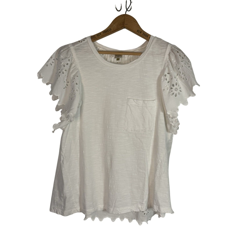 Anthropologie Seen Worn Kept Flutter Sleeve Eyelet Back Chest Pocket Top Medium